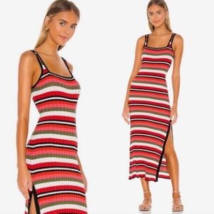 SOLID & STRIPED Red Pink Green Striped Ribbed Midi Dress
